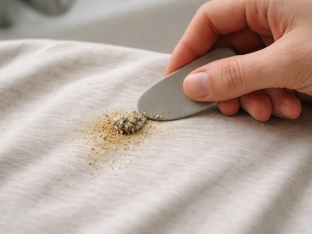 Close-up of scraping dried bird droppings off fabric with a dull card before rinsing