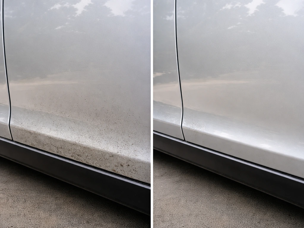 Split view of a dirty car door patch next to the same spot after proper cleaning, outdoors.
