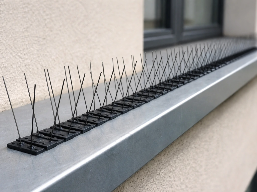 Bird spikes mounted along an exterior ledge to deter perching.