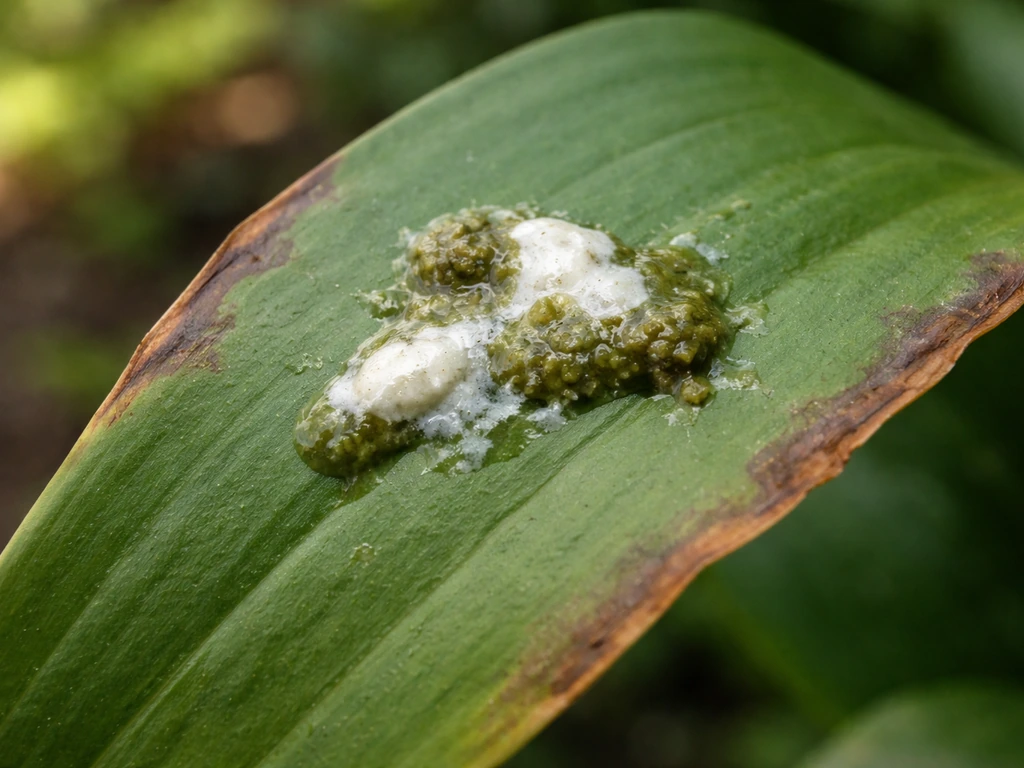 Macro close-up of bird droppings on a plant leaf with brown scorched leaf edge.