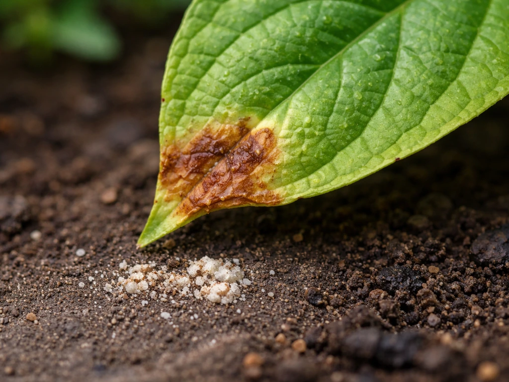 Close-up of a plant leaf with browned scorched tissue near a landing spot from bird droppings.