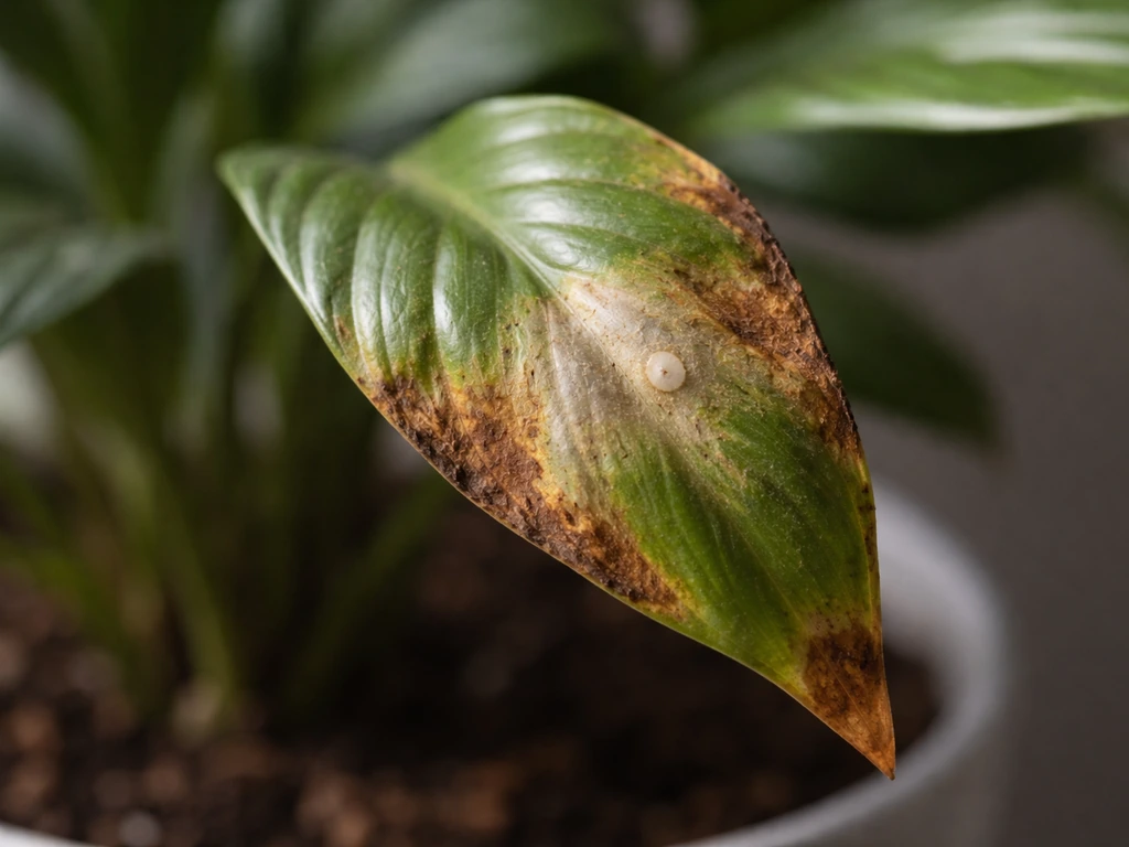 Close-up of a plant leaf with tan-brown scorched edges and a bleached necrotic center.