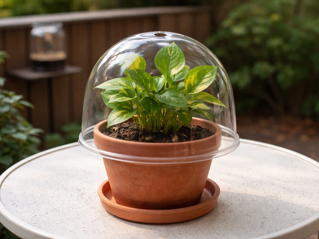 Close-up of a potted plant protected with a clear cover, positioned away from a ledge and feeder area.