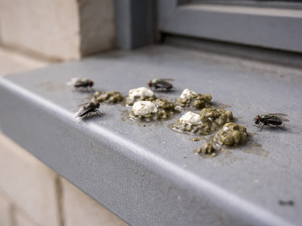 Bird droppings on an outdoor ledge with a few flies gathered nearby.
