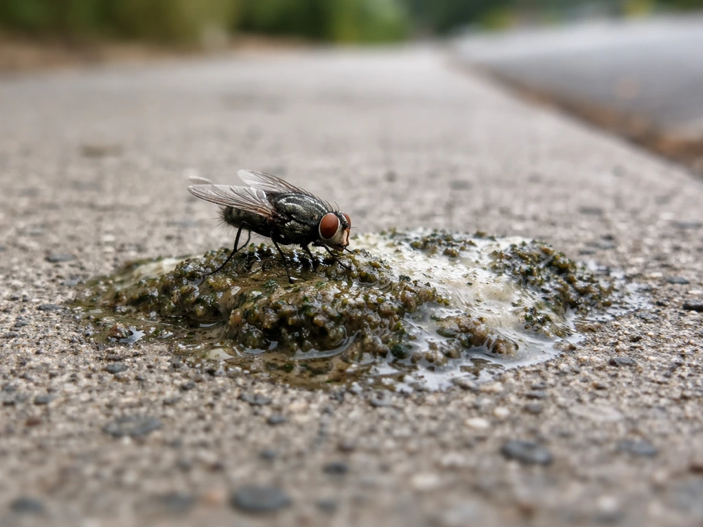 A small fly landing on fresh bird droppings on a sidewalk in natural light