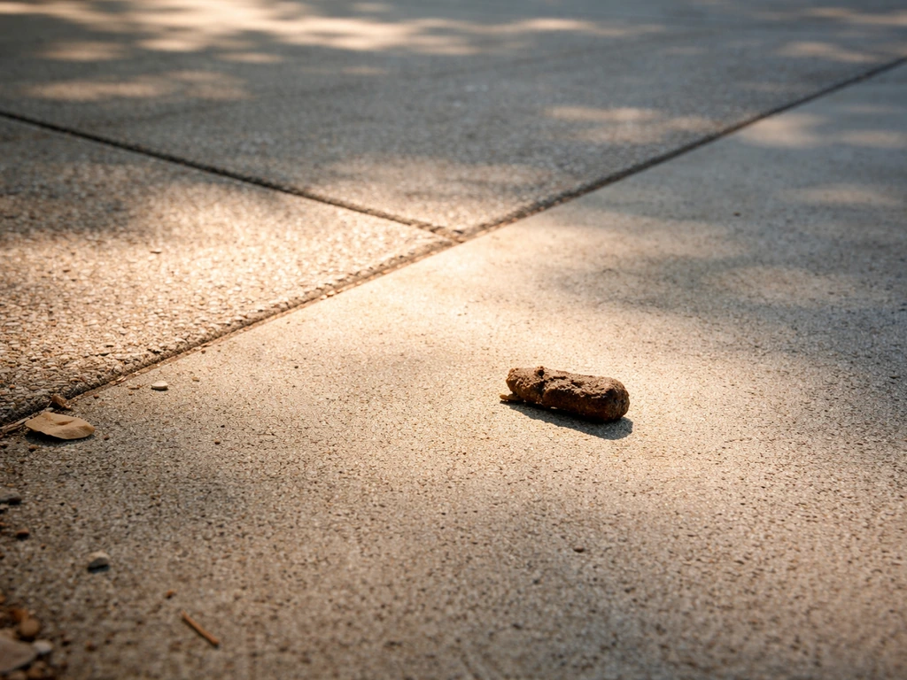 Sunlit concrete patio with a small feces dropping near the warmer area and a shaded cool patch nearby.