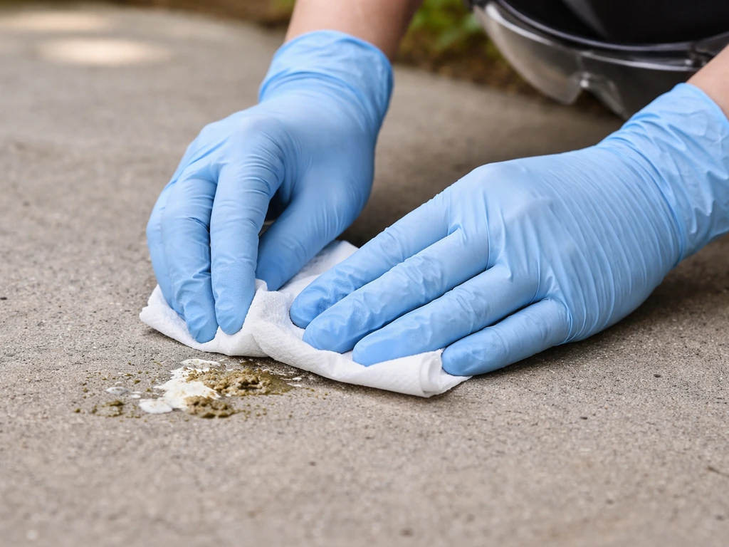 Anonymous gloved hands gently blot and wipe wet bird droppings with eye protection on concrete.