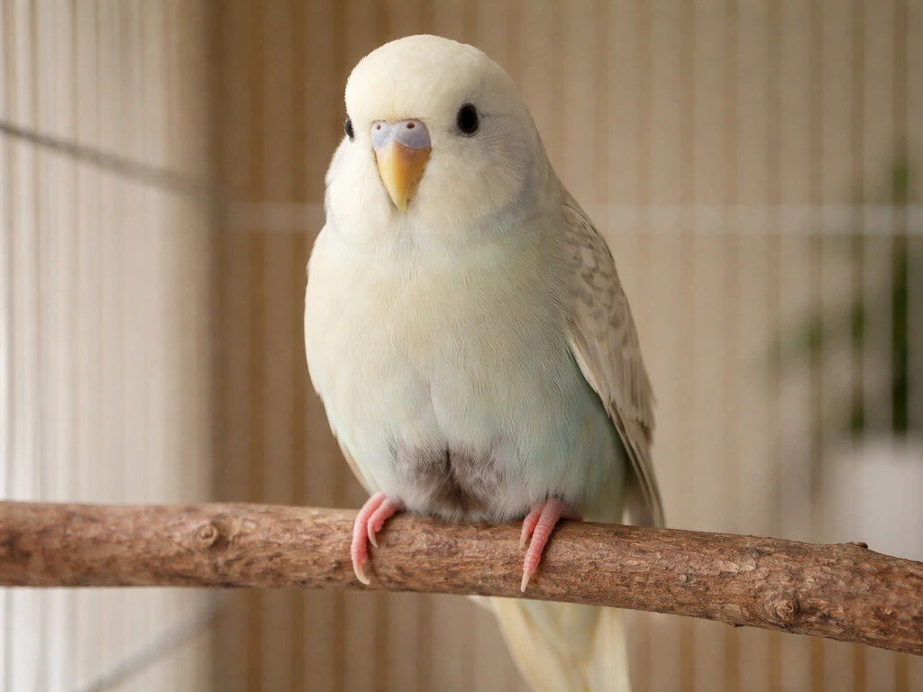 An alert pet bird perched inside a simple cage, with slight focus on the vent area for a quick check.