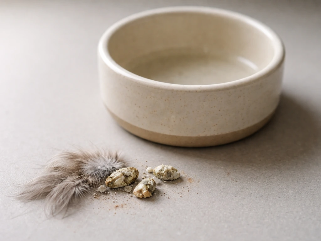 Close-up of a small bird water bowl with little water and nearby dried droppings stuck to feathers