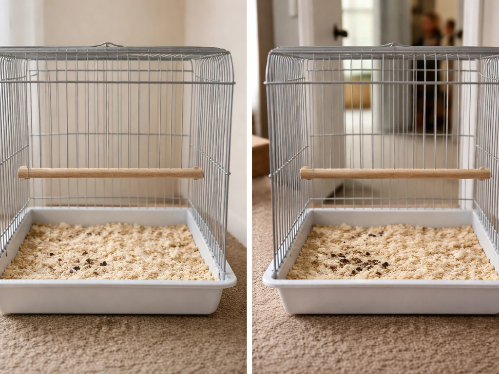 Two nearby bird cages: one calm with clean light bedding, one noisier-styled cage with slightly soiled droppings.