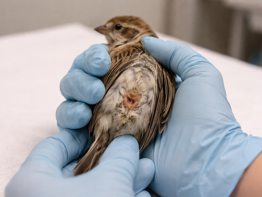 A small bird safely held by gloved hands for a vent exam, with subtle feather staining around the vent.