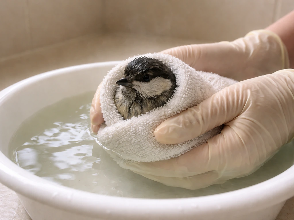 Gloved hands wrap a small bird in cloth and lower it into warm water in a shallow basin.