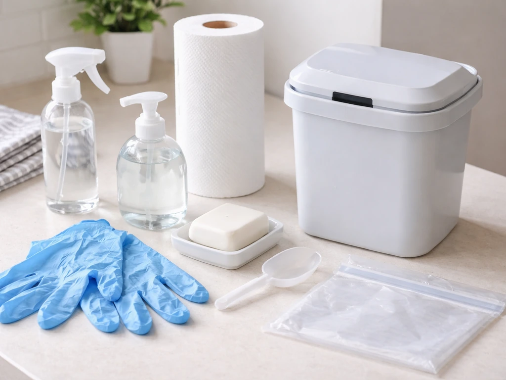 Gloves, soap, paper towels, and a lidded bin staged for safe bird-droppings cleanup on a clean table.