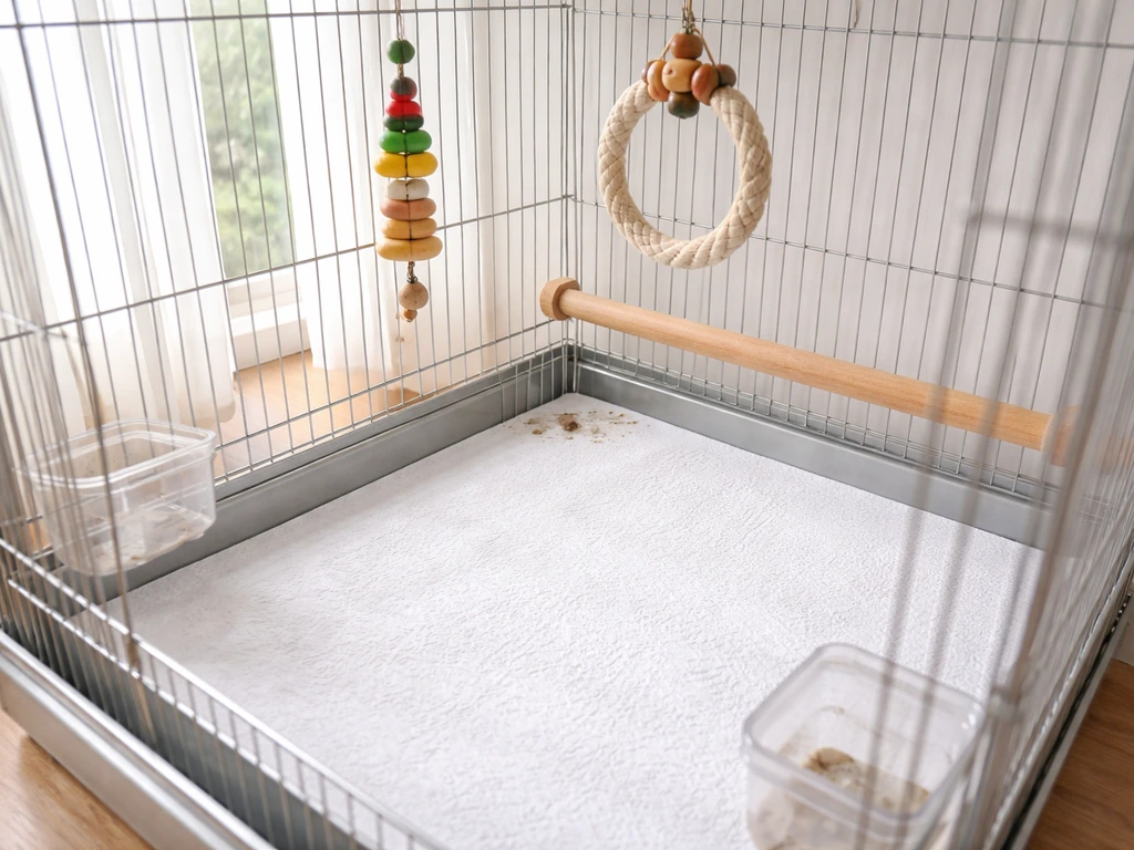 Clean birdcage with a lined tray showing minimal droppings and fresh bedding for easy hygiene cleanup.