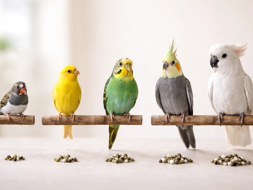 Five small pet birds on perches with droplet clusters scaled to suggest least to most droppings.