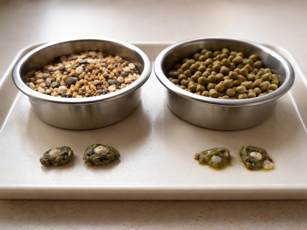 Two bowls of pellets and seed mix beside tray samples showing dry compact vs wetter droppings.