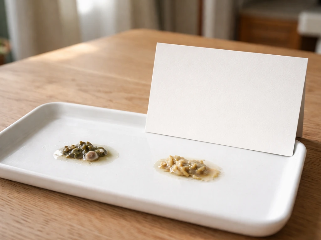 Close-up of clean pet bird droppings samples on a tray beside a blank reference card, natural light.