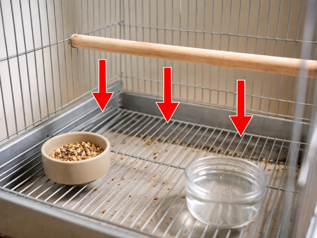 Bird cage interior showing perches aligned to drop into the tray, away from food and water.