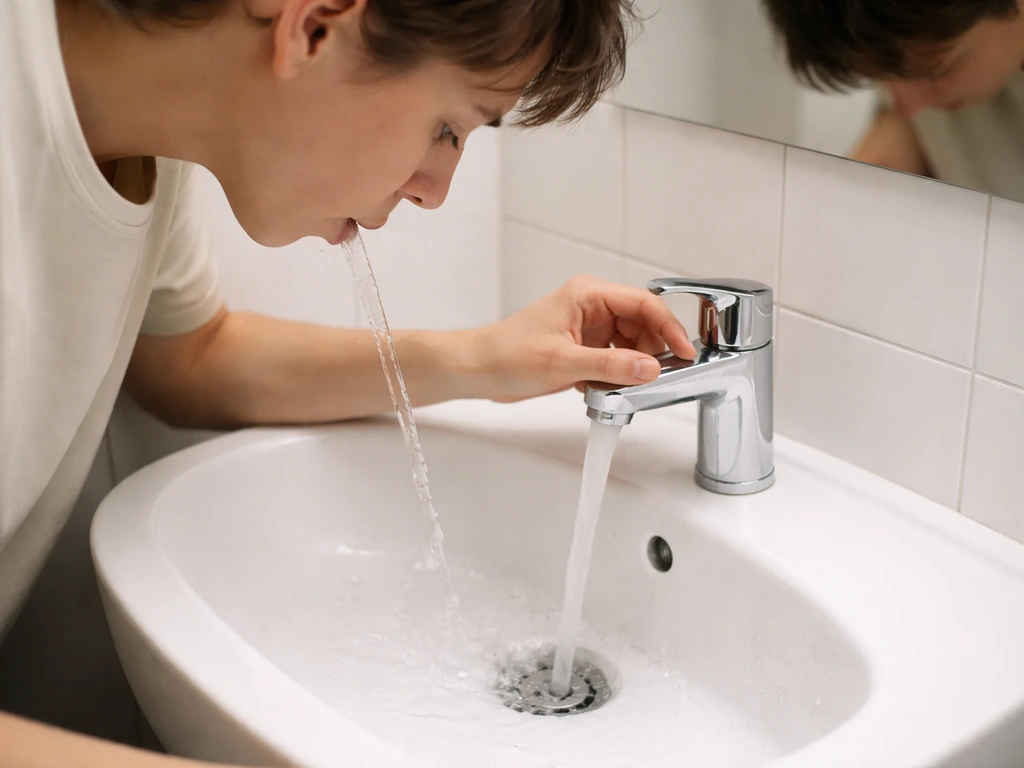 Person spitting into a bathroom sink and rinsing with clean room-temperature water.