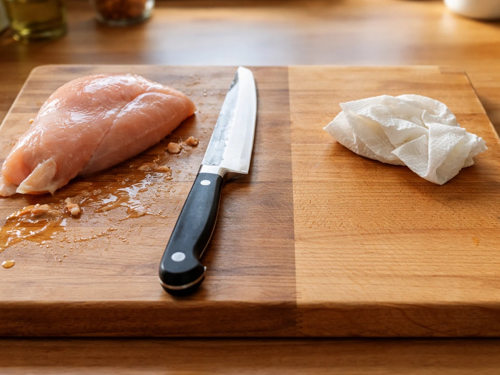 Raw poultry on a wooden cutting board with a knife, contrasted with a wiped-clean area.
