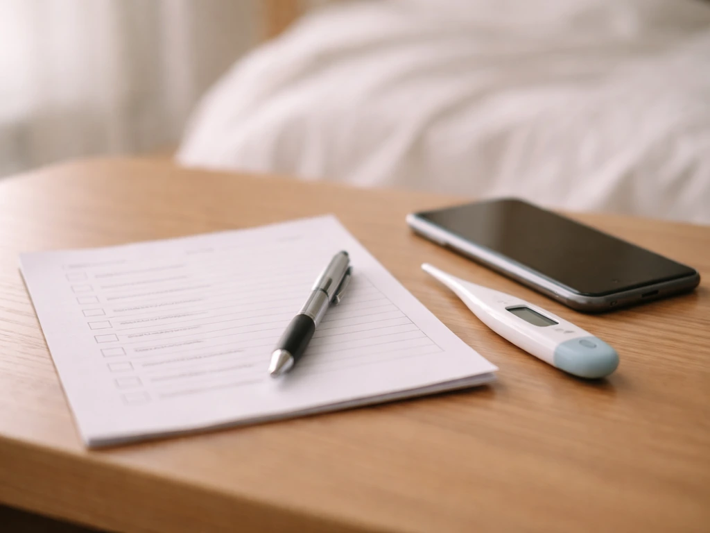 Home thermometer and symptom checklist beside a smartphone calling a healthcare provider.