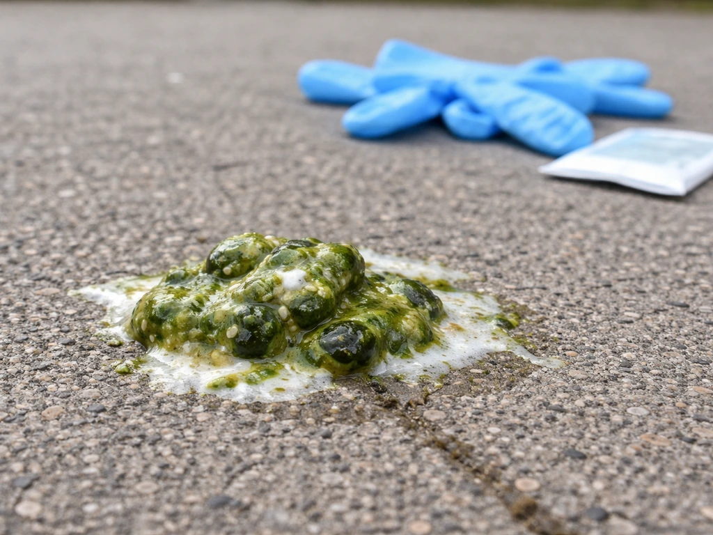 Close-up of green bird droppings on concrete with disposable gloves nearby for safe cleanup context.