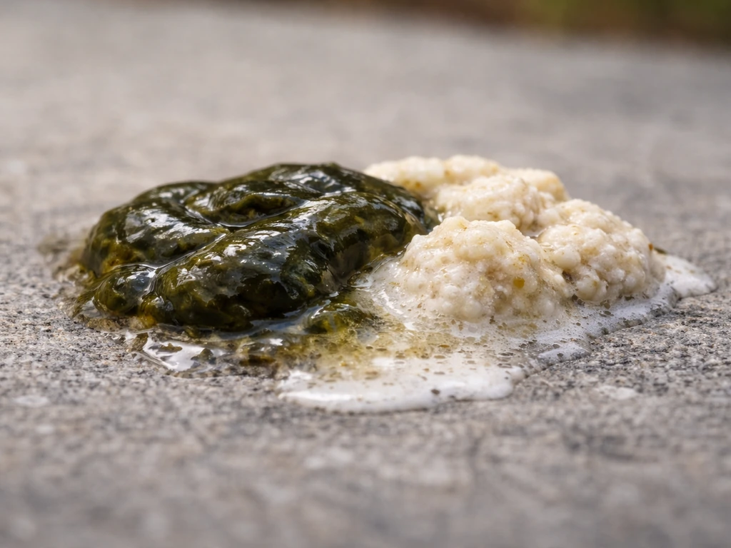 Close-up of bird droppings showing darker fecal portion with separate pale urates textures.