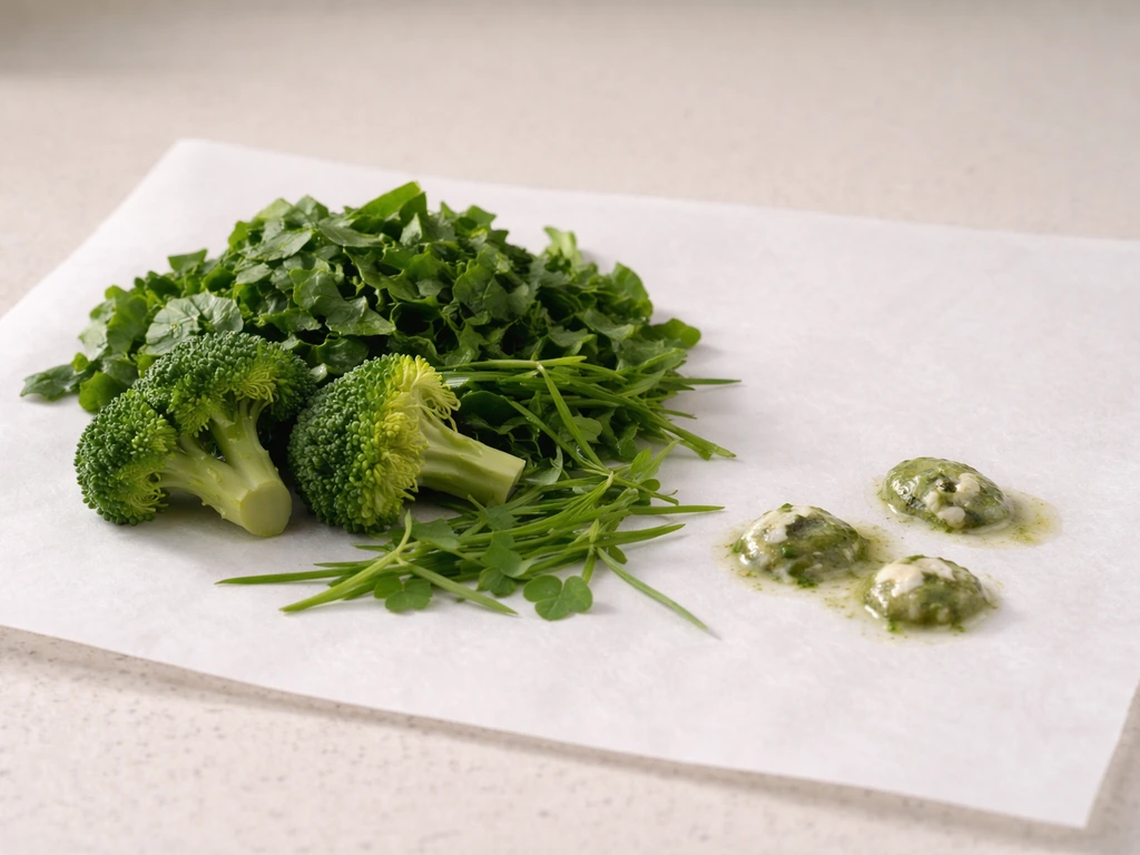 Chlorophyll-rich leafy greens, broccoli, and grass next to subtle greenish bird droppings on parchment.
