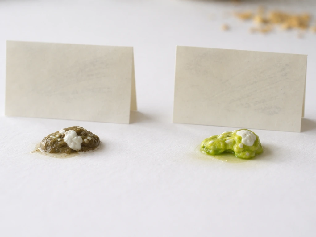Close-up comparison of normal brown dropping and bright lime-green bird dropping with blank cue cards.