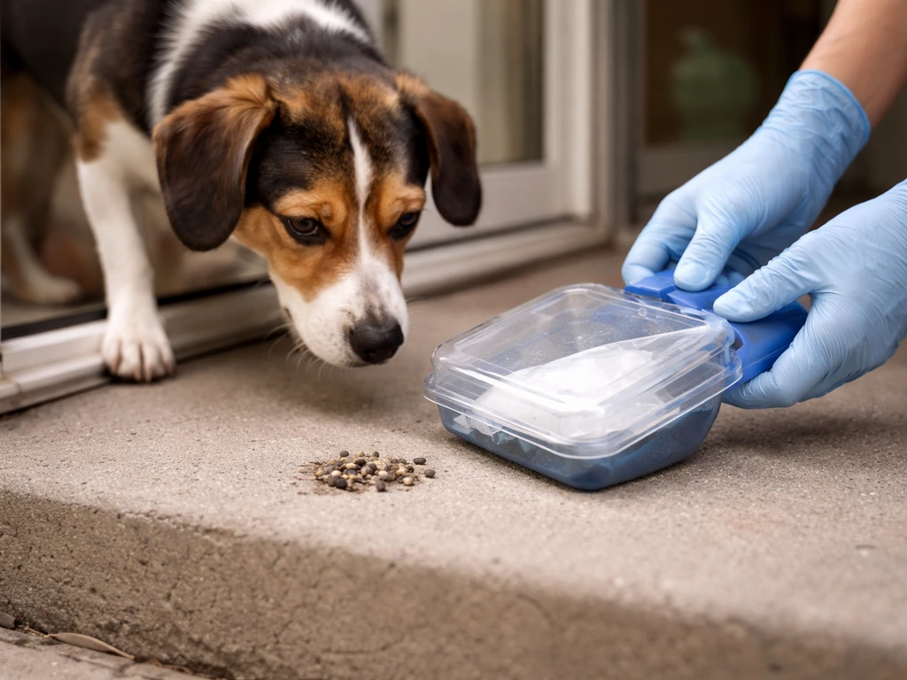 Gloved hands with a covered scoop clean up bird droppings as a dog sniffs nearby.