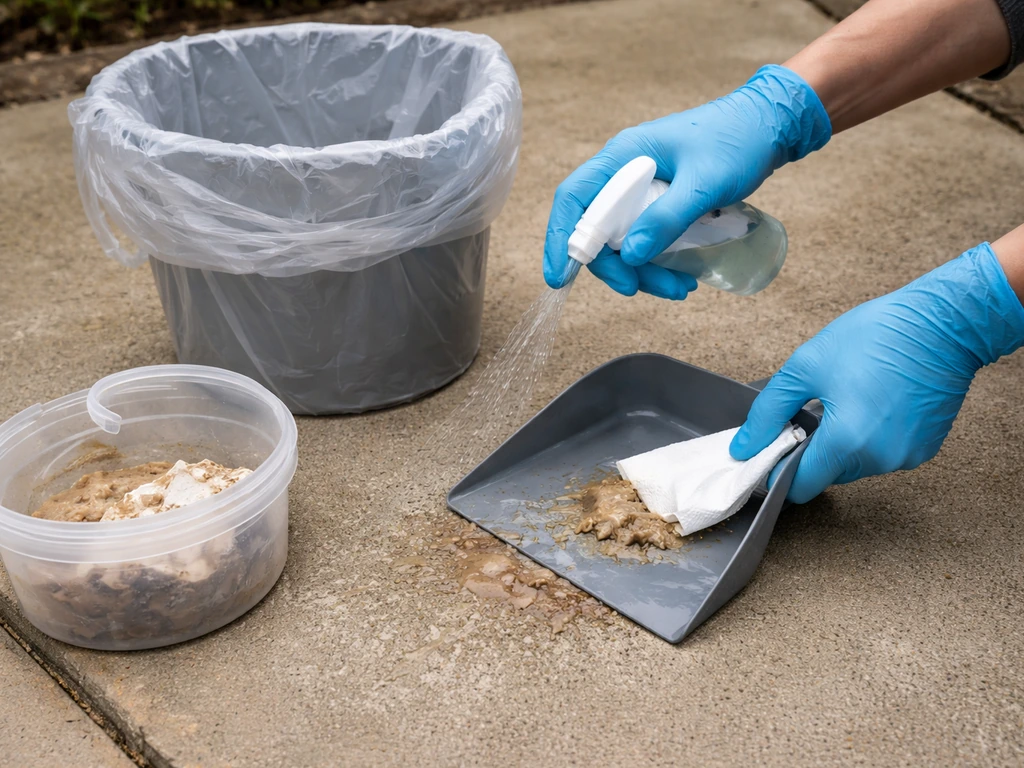 Disposable gloves as a person sprays and wipes up mess, then seals it in a disposal bag.
