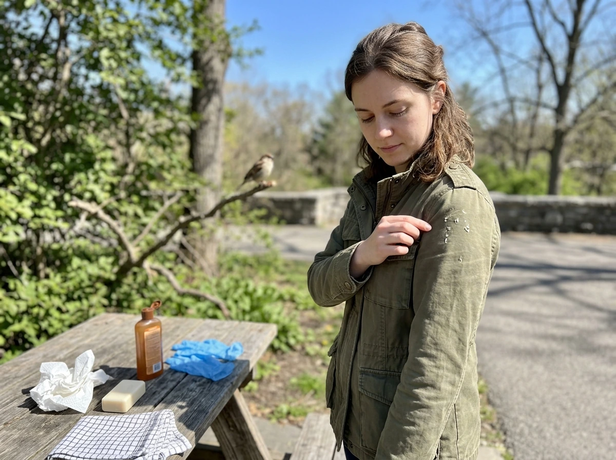 Person outdoors shows bird droppings on clothing with cleaning supplies nearby.
