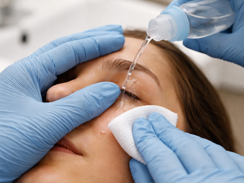 Gloved hands tilt head back and rinse an affected eye with sterile eyewash, avoiding rubbing.