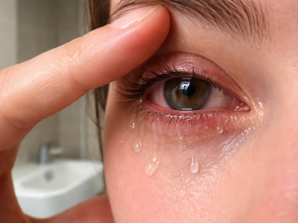 Close-up of a gently rinsed eye with teary redness and a few discharge traces on the lower lashes.