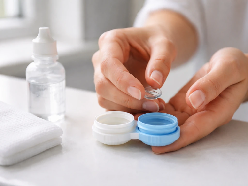 Close-up of hands removing a contact lens from a small case with clean saline and gauze nearby.