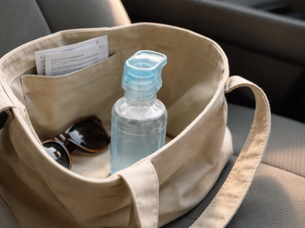 Portable sterile eyewash bottle in an open car bag, ready for use.