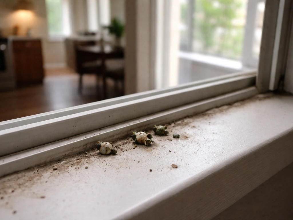 Close-up of bird droppings on a windowsill with daylight from an open window in the background.