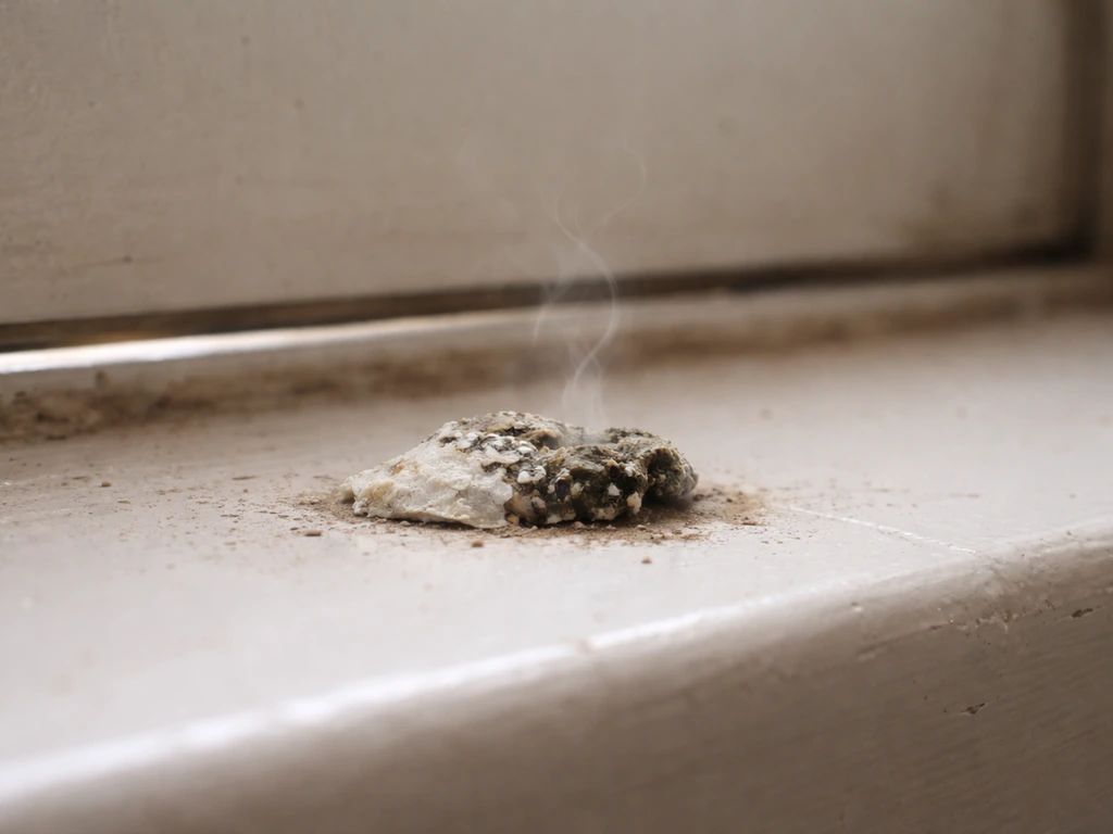 Close-up of a dried bird dropping on an indoor surface with subtle ammonia-like haze nearby