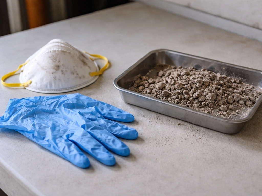 N95 mask and disposable gloves placed beside a tray of dry bird droppings on a simple surface.