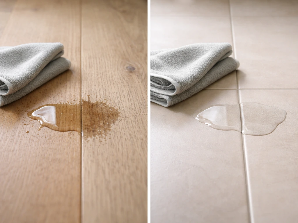 Unsealed wood vs cleaned tile in a wet-and-wipe comparison, showing residue soaking into pores.