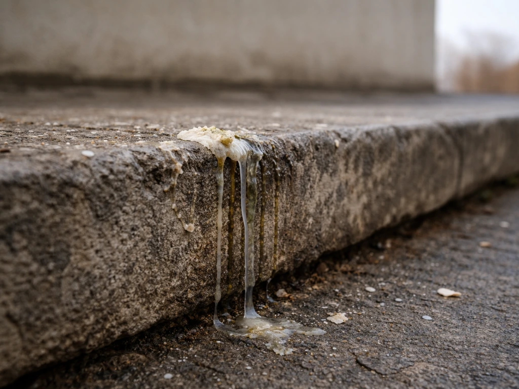 Close-up of bird droppings and wet residue streaks on a roof ledge in natural light.