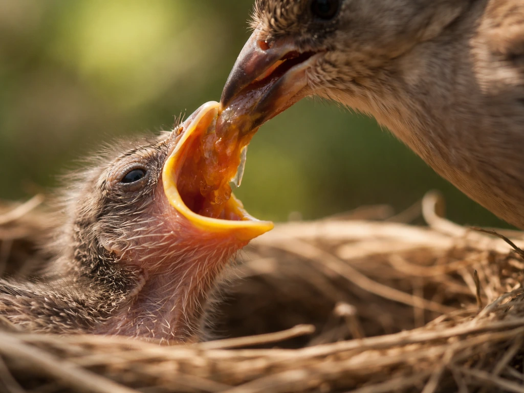 Close-up of a parent bird regurgitating food into a chick’s open beak, crop fluid in sharp focus.