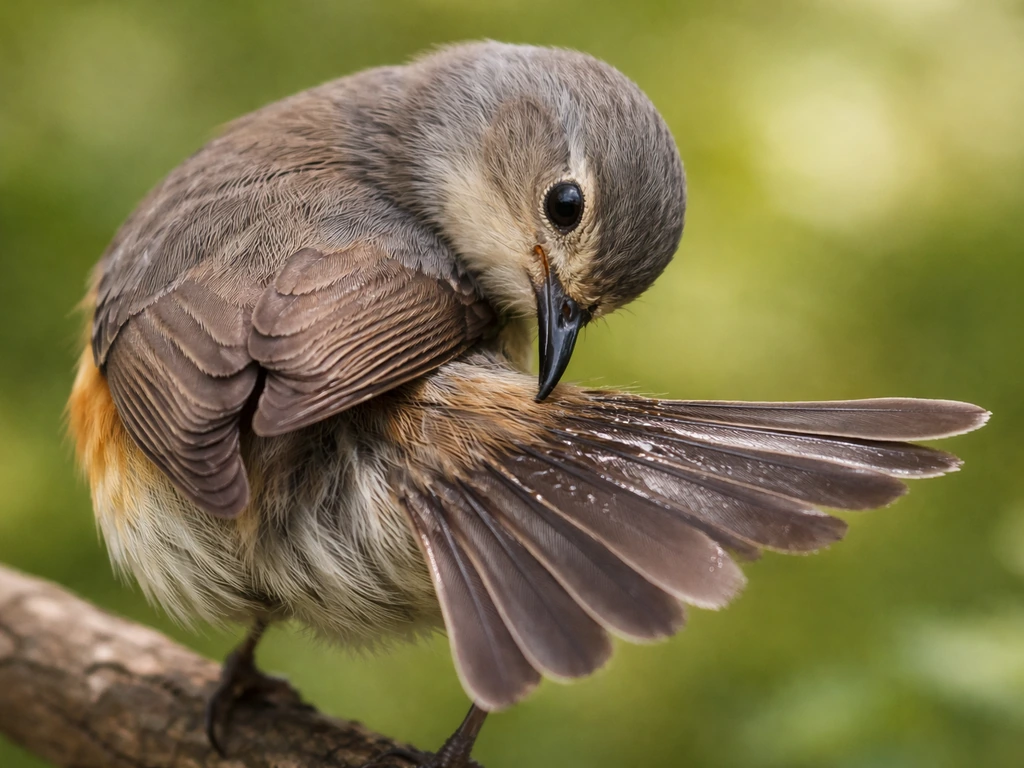 Close-up of a bird preening at the base of its tail, spreading glossy preen gland oil onto feathers.
