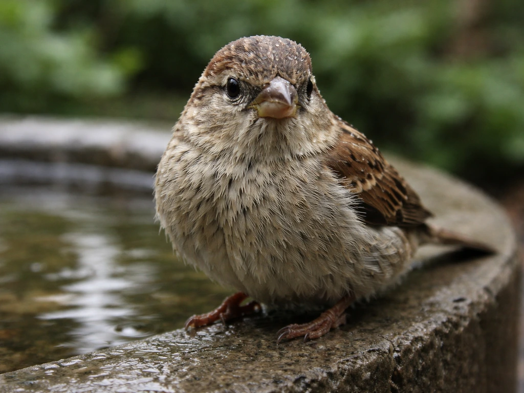 Close-up of a small bird perched by a water source, droplets visible near its beak.