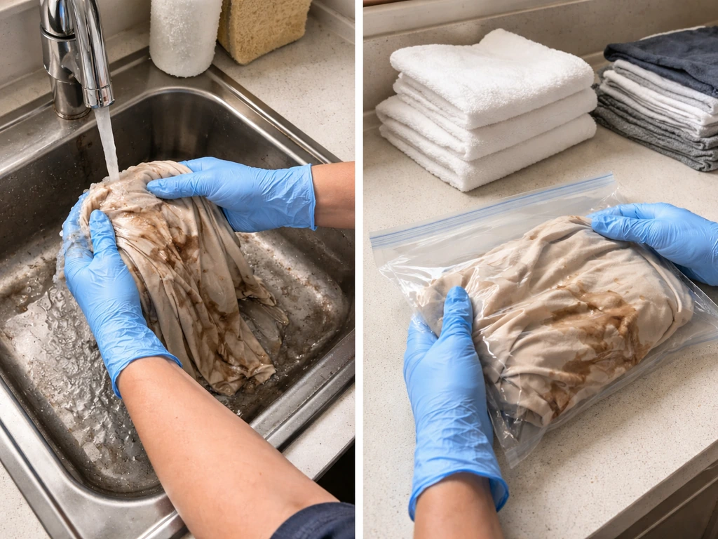 Gloved hands bagging contaminated clothing, separating laundry for safe cleanup.