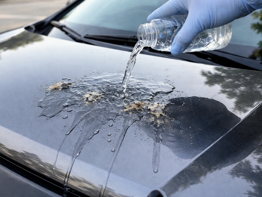 Gloved hand wets bird-dropping stains on a car hood with water before wiping.