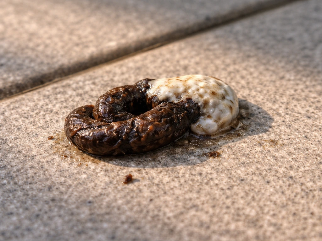 Close-up of brown bird droppings on an outdoor patio surface with visible dark and pale parts.