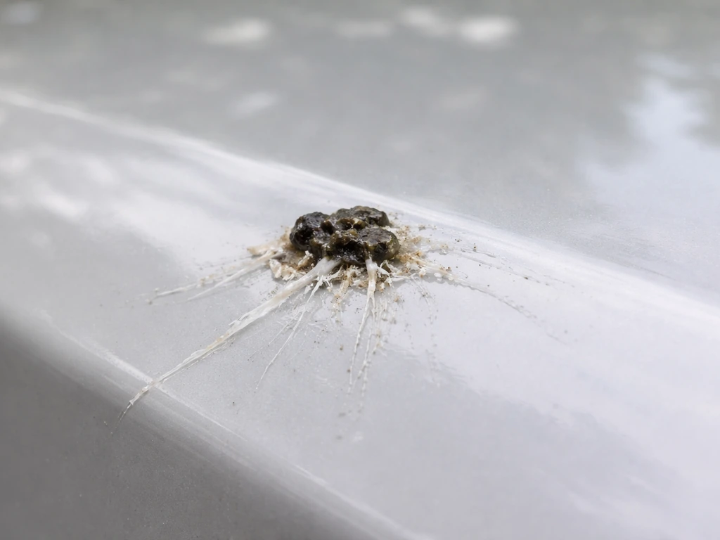 Macro close-up of bird droppings with white urate residue on a car paint surface.