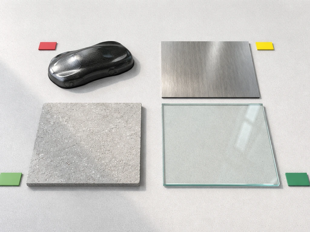 Minimal photo set of common surfaces—car paint, bare metal, concrete, and glass—arranged for risk comparison