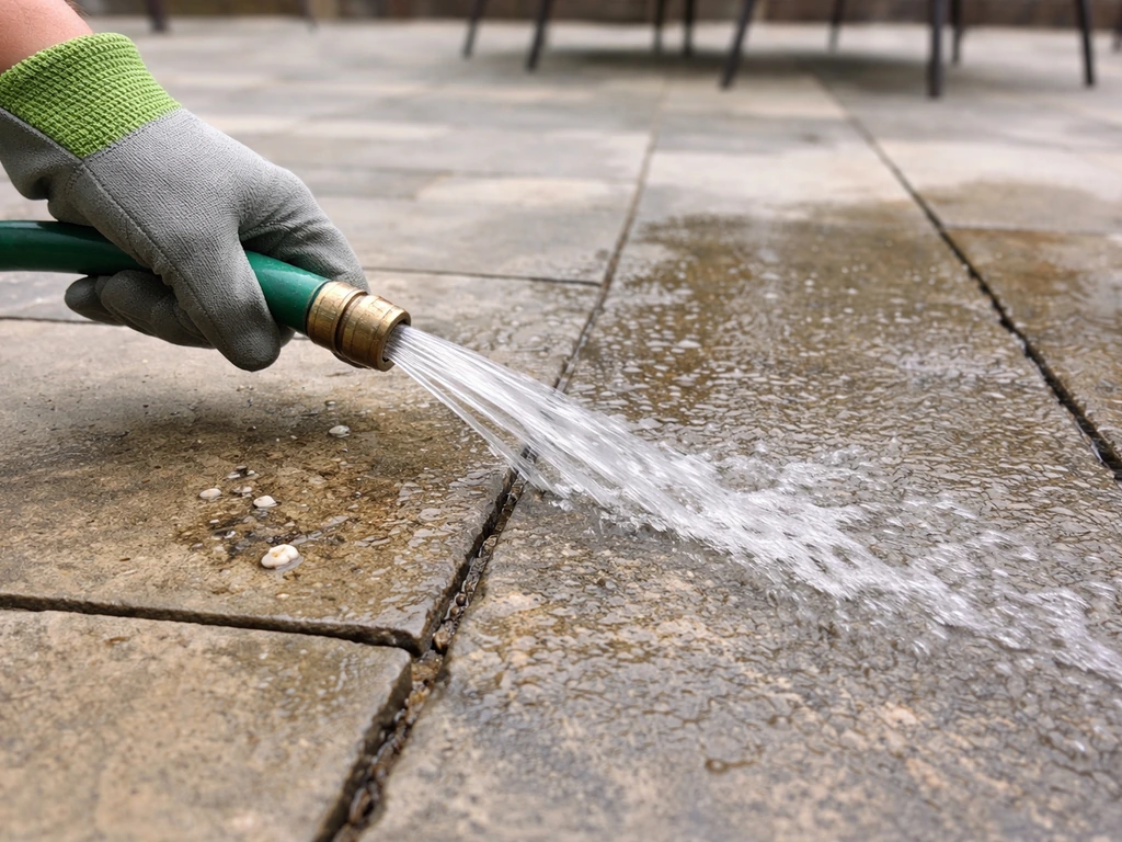 Gloved hand rinsing a patio with a hose to wash away droppings on hard outdoor stones.